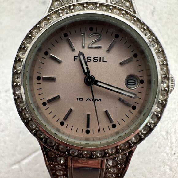 Fossil Watch Womens 25mm Pave Bezel Date Silver Tone 6" Quartz New Battery - Picture 8 of 12